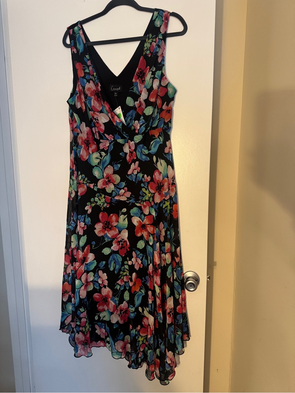 connected apparel Black Asymmetrical Floral V-Neck Dress with Multi-Color Blooms